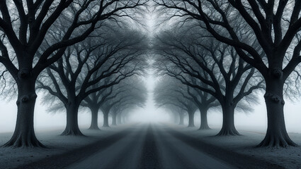 Fototapeta premium Dark mysterious road disappearing into fog surrounded by bare trees