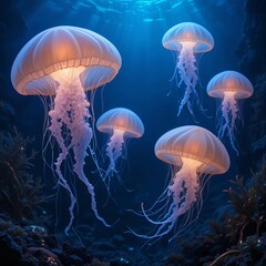 glowing jellyfish floating in deep water, with their soft light reflecting off seaweeds and rocks on the ocean floor.