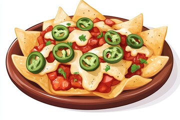 Delicious nachos with melted cheese, jalapenos, and tomato salsa.