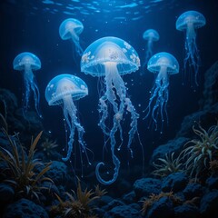 glowing jellyfish floating in deep water, with their soft light reflecting off seaweeds and rocks on the ocean floor.