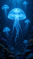glowing jellyfish floating in deep water, with their soft light reflecting off seaweeds and rocks on the ocean floor.