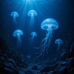 glowing jellyfish floating in deep water, with their soft light reflecting off seaweeds and rocks on the ocean floor.