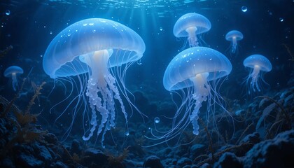 glowing jellyfish floating in deep water, with their soft light reflecting off seaweeds and rocks on the ocean floor.