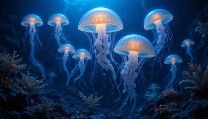 glowing jellyfish floating in deep water, with their soft light reflecting off seaweeds and rocks on the ocean floor.