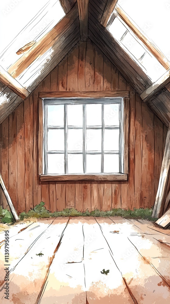 Poster a rustic attic space with a single window and wood floor.