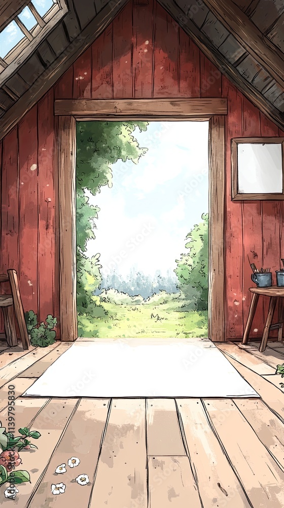 Poster a rustic wooden attic with an open doorway leading to a view of a green field and forest.