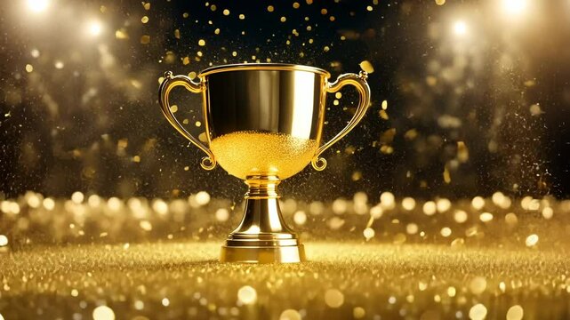 Shiny golden winner cup with confetti on blurred background