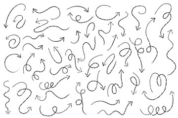 Crayon hand drawn arrows icons. Pencil and brush vector scribbles sketch. Grunge charcoal textured doodle set. Chalk mark elements isolated on white background.
