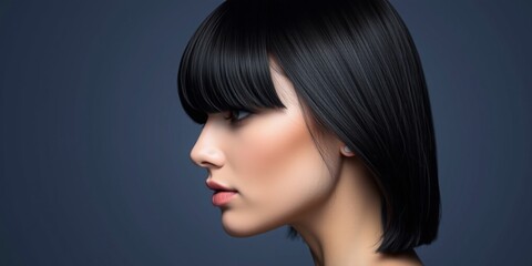 Woman with sleek black bob hairstyle looking to the side against a dark background