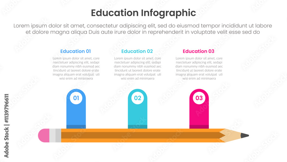 Poster education infographic template banner with horizontal long pencil and round rectangle point timeline