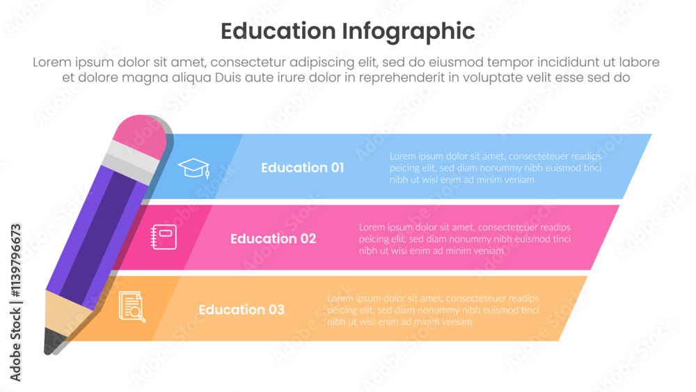 Poster education infographic template banner with skew pencil and rectangle box container with 3 point for 