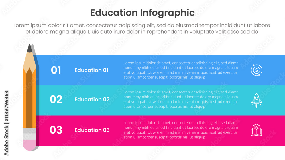 Poster education infographic template banner with standing pencil and long block rectangle container box wi