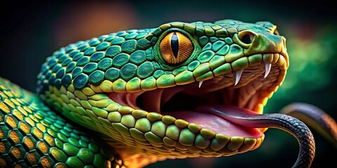 Fototapeta premium Striking Serpent: Close-Up Venomous Snake Open Mouth Forked Tongue Reptile Wildlife Photography