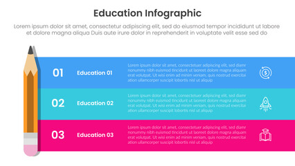 education infographic template banner with standing pencil and long block rectangle container box with 3 point for slide presentation