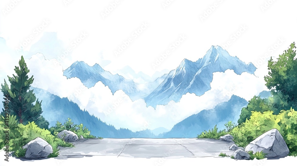 Poster a scenic view of a mountain range with a paved path in the foreground, framed by green trees and shr