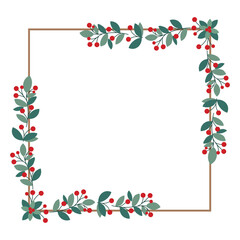 Square Wreath Or Frame With Red Cherry Berries And Green Leaves