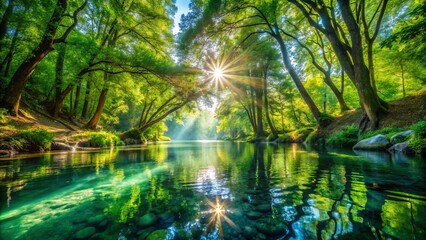 Fototapeta premium Stunning Aerial Summer Forest River Landscape Photography - Worm's Eye View, Lush Green Canopy, Crystal Clear Water