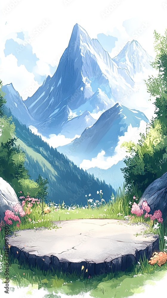 Poster a scenic view of a mountain range with a stone platform in the foreground.