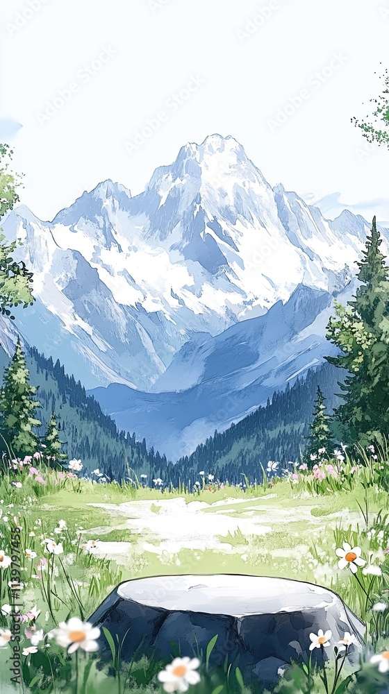 Poster a scenic view of a snow-capped mountain range with a path leading up to it and a large rock in the f