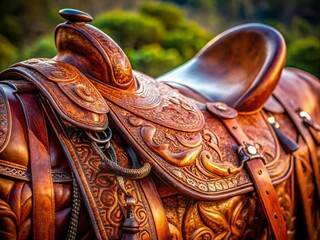 Stunning brown leather saddle showcasing intricate designs, captured in panoramic photography. A tribute to handmade craftsmanship and equestrian gear for true horse enthusiasts.