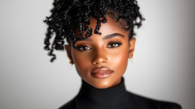 African American woman with locs, close-up portrait, joyful and welcoming expression, dynamic lighting, isolated on white background