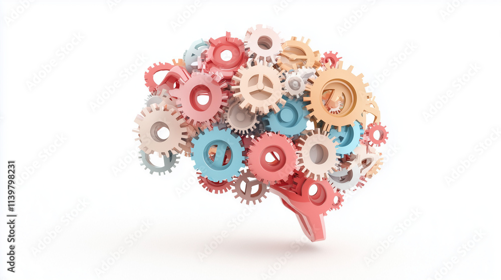 Poster brain gears: a vibrant and colorful brain composed of interlocking gears, symbolizing the intricate 