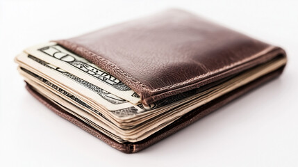 Brown Leather Wallet with Cash: A classic brown leather wallet with a stack of cash peeking out from the inside, representing financial security and prosperity.  