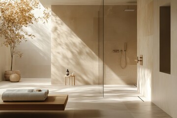 Minimalistic Walk-In Shower with Clean Lines, Natural Materials, and Tranquil Ambiance
