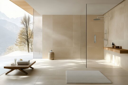 Minimalistic Walk-In Shower with Clean Lines, Natural Materials, and Tranquil Ambiance