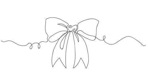 Minimalistic ribbon bow in continuous line art drawing style. Festive bow-knot black linear design isolated on white background. Vector illustration