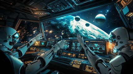 Futuristic Spaceship Cockpit: Two Robots Witnessing a Celestial View.