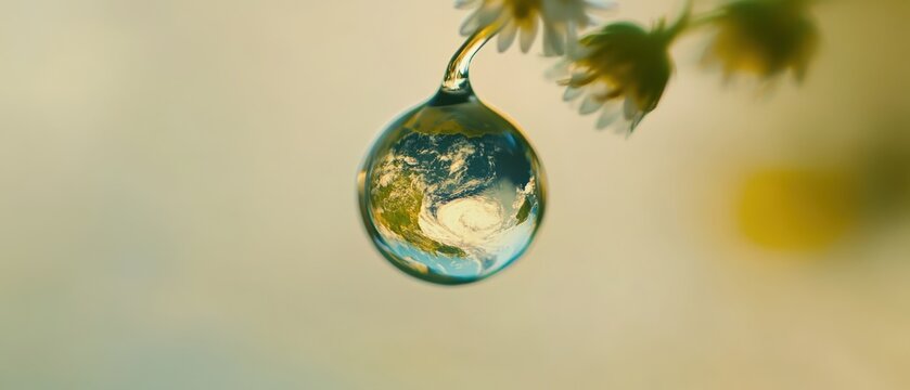 Water Droplet Reflecting Earth, Symbolizing Water Conservation on World Water Day