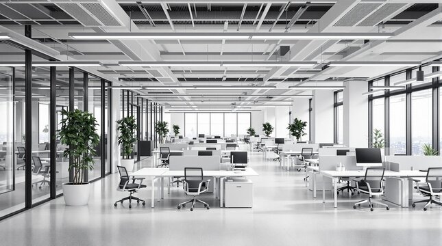 A modern office space that is filled with natural light and adorned with greenery throughout
