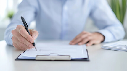 Focused on the Task: Close-up of a hand signing a document, showcasing the detail and intentionality of the act. The image evokes a sense of professionalism, commitment, and accountability. 