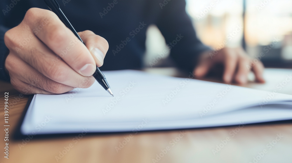 Poster handwriting notes: close-up of a person's hand meticulously writing notes on a notepad, showcasing t