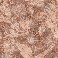Watercolor texture floral seamless pattern in the 2025 color of the year Mocha Mousse. Hand drawn background with warm brown tone. Perfect for creating trendy graphic resource and designs.