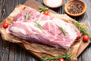 Neck of raw pork meat . Top view