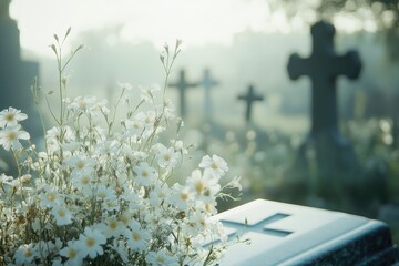 Solemn funeral scene with coffin, flowers, church service, and serene cemetery