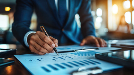 Businessman analyzing investment charts. Accounting, concept. Professional executive working on financial growth strategy. Corporate manager planning budget, calculating income report.