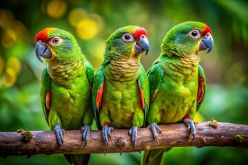 Fototapeta premium Stunning portrait of vibrant green parrots perched on a tree branch, capturing the beauty of wildlife in nature. Perfect for nature photography enthusiasts.