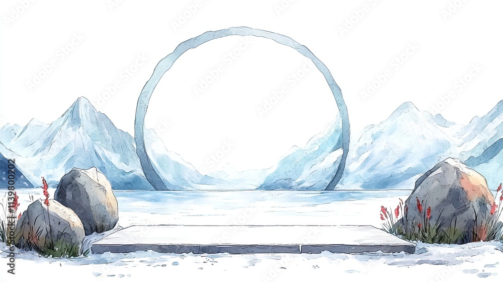 Poster a snowy mountain range with a stone platform, surrounded by rocks, grass, and a circle shape in the 