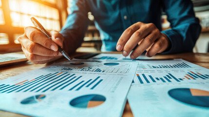 Businessman analyzing investment charts. Accounting and finance concept. Financial data analysis and strategy planning. Professional working growth report. Business management and budget development.