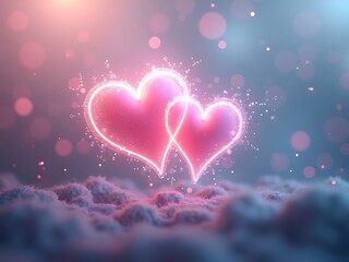 Two Intertwined Glowing Hearts Above a Soft Surface