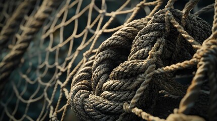 Fototapeta premium Thick, weathered rope coiled in net.