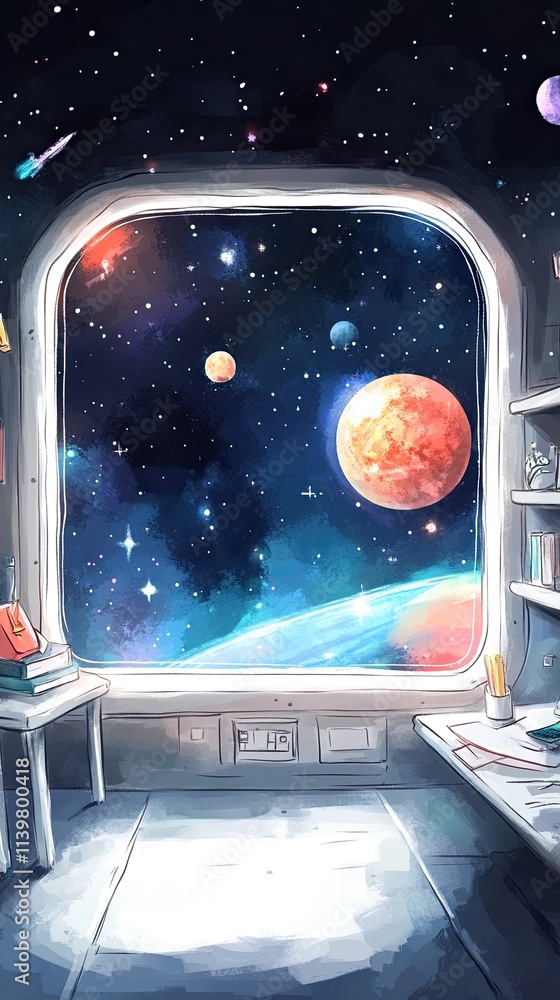 Poster a spaceship window looking out into space with planets and stars.