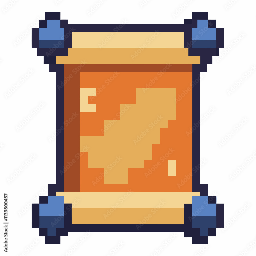 Poster pixel art of a vintage scroll document with blue accents in retro 8 bit style