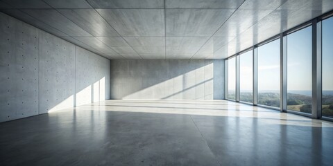 Sunlit Empty Room: Minimalist Grey Floor White Wall Interior Design Photography