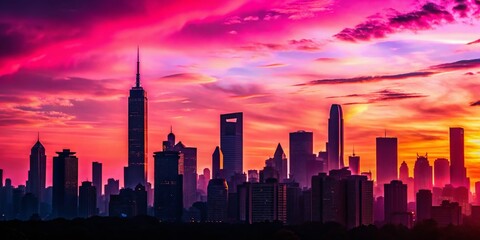 Obraz premium Stunning Silhouette of a City Skyline at Dusk with Tall Buildings Against a Vibrant Pink Sky - Urban Landscape Photography, Cityscape, Sunset, Aesthetic Architecture, Nightlife