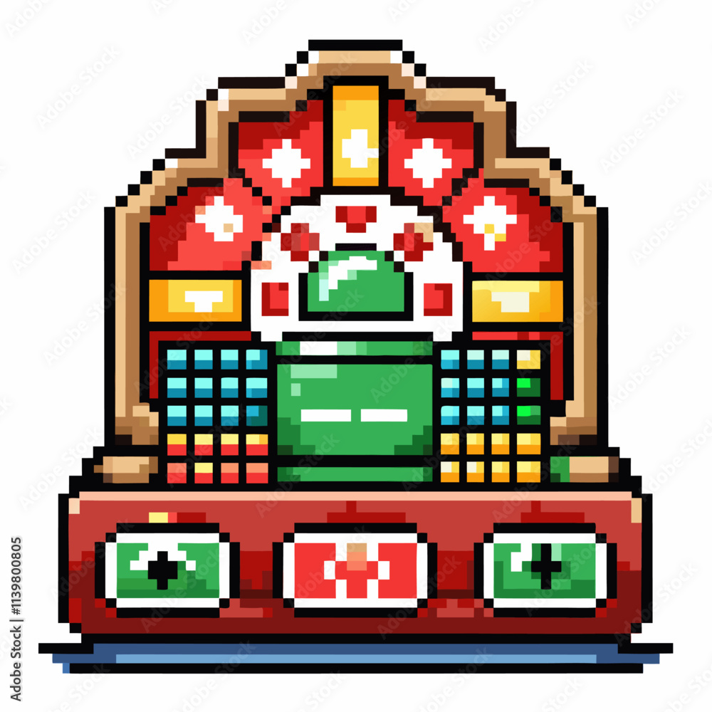 Poster retro pixel art slot machine with colorful symbols in 8 bit style