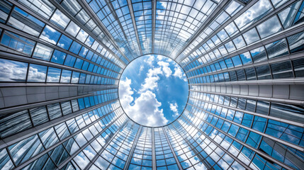 Reflection sky in glass wall modern office building. Architectural background. Futuristic skyscraper facade, urban corporate tower structure. Blue exterior, geometric steel. Abstract city perspective